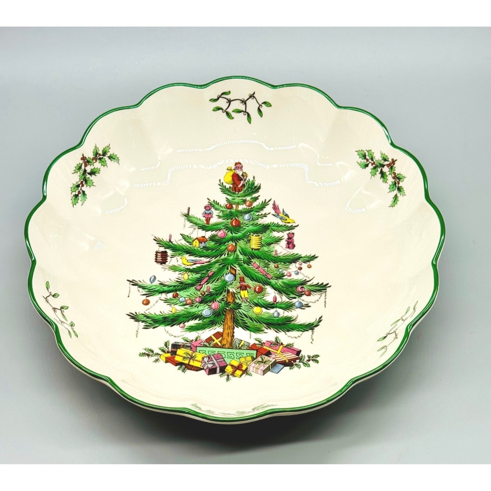 Spode Serving Bowl White Green Christmas Tree Scalloped S3324U Made in England